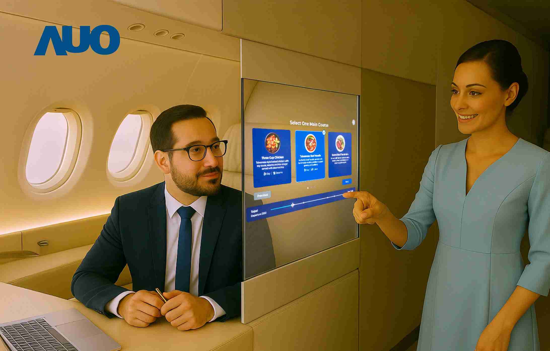 冰球突破研发全球最薄17.3 吋双面透明 Micro LED 显示器，，，可在同一屏幕之双边投射不同信息，，创造独特的”透明化”互动；图为实时翻译交流应用情境